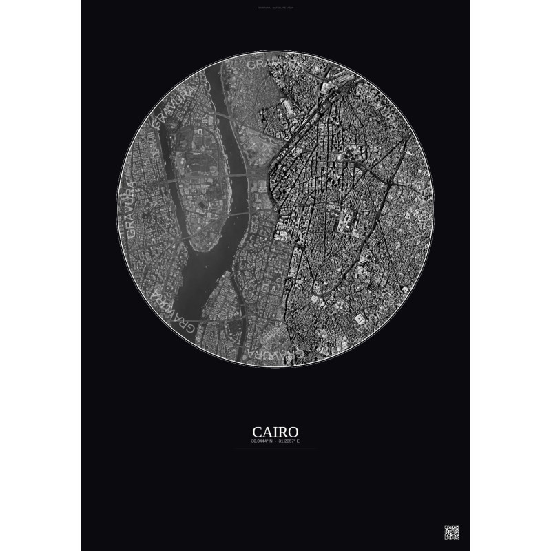 Affiche Cairo – Poster vue satellite 2.5km N&B | Gravura – Fond foncé