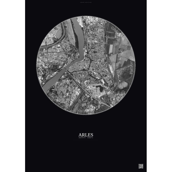 Affiche Arles – Poster vue satellite 2.5km N&B | Gravura – Fond foncé