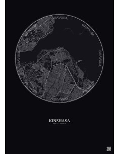 Affiche Kinshasa – Poster carte de ville 10km | Gravura – Fond foncé