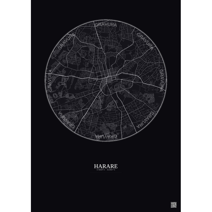 Affiche Harare – Poster carte de ville 10km | Gravura – Fond fon