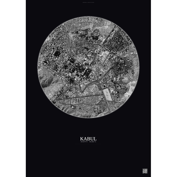 Affiche Kabul – Poster vue satellite 2.5km N&B | Gravura – Fond 