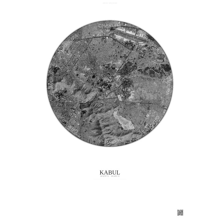 Affiche Kabul – Poster vue satellite 6km N&B | Gravura – Fond cl