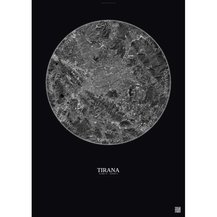 Affiche Tirana – Poster vue satellite 10km N&B | Gravura – Fond 