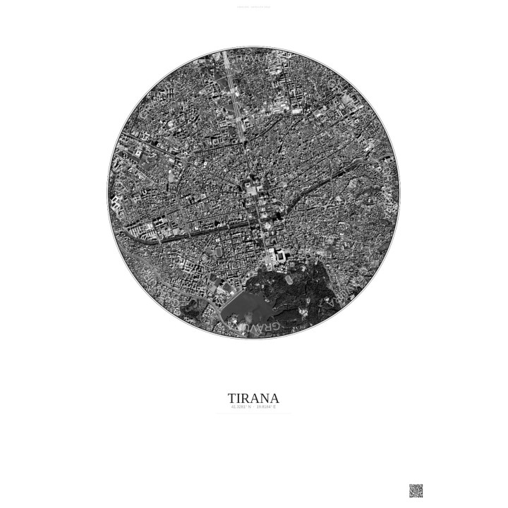 Affiche Tirana – Poster vue satellite 2.5km N&B | Gravura – Fond
