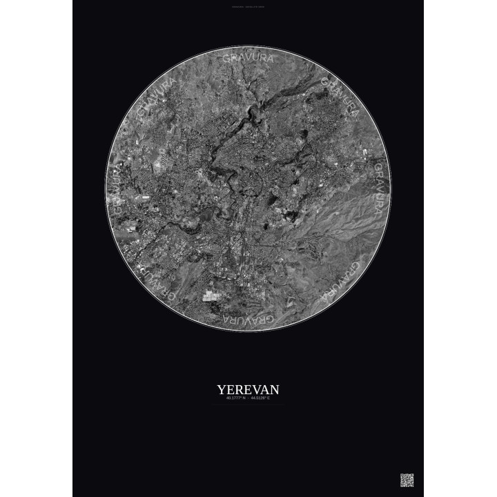 Affiche Yerevan – Poster vue satellite 10km N&B | Gravura – Fond