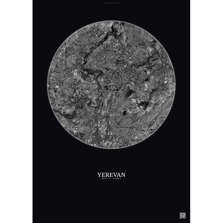 Affiche Yerevan – Poster vue satellite 6km N&B | Gravura – Fond 