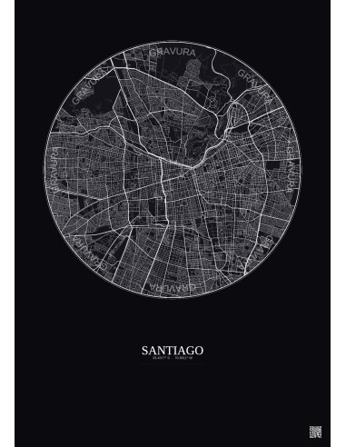 Affiche Santiago – Poster carte de ville 10km | Gravura – Fond foncé