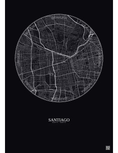 Affiche Santiago – Poster carte de ville 6km | Gravura – Fond foncé