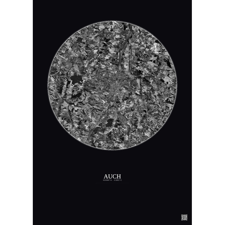 Affiche Auch – Poster vue satellite 10km N&B | Gravura – Fond foncé