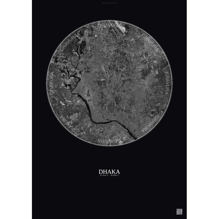 Affiche Dhaka – Poster vue satellite 10km N&B | Gravura – Fond f