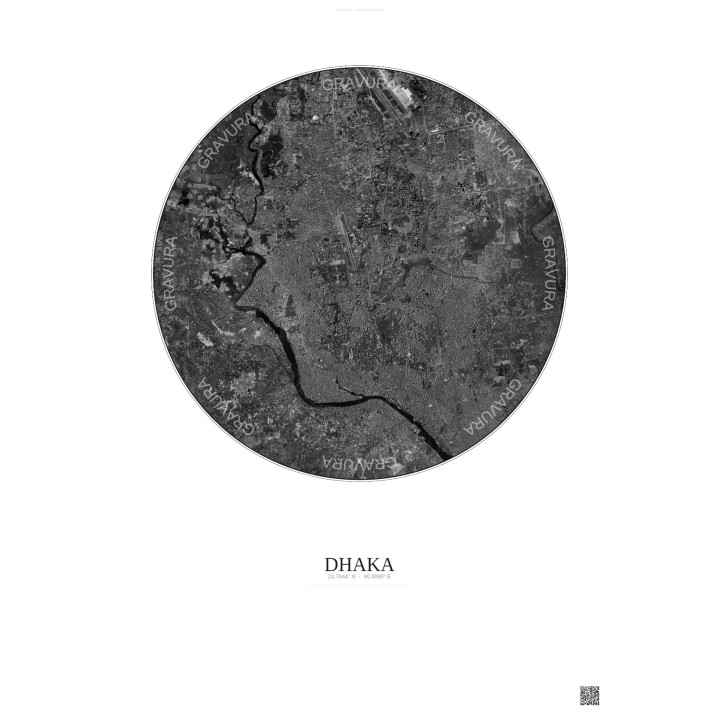 Affiche Dhaka – Poster vue satellite 10km N&B | Gravura – Fond c