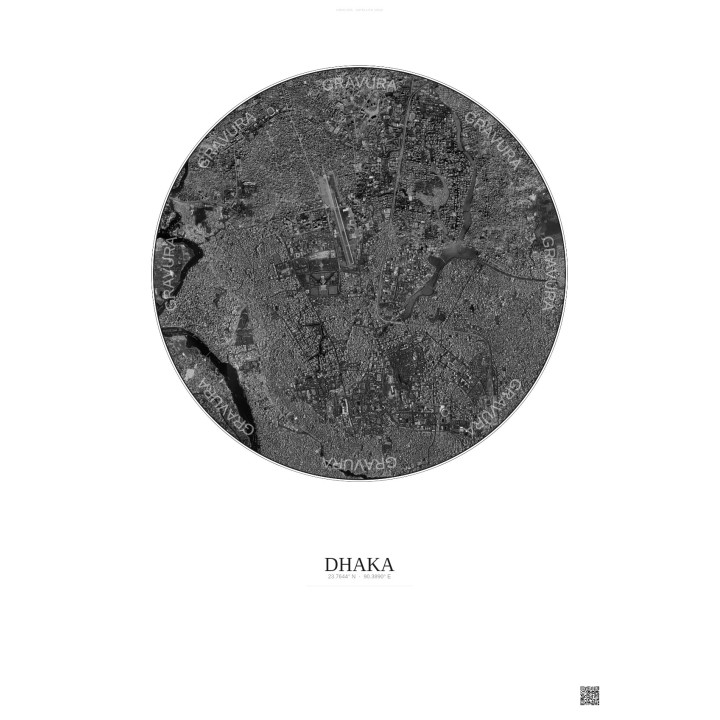 Affiche Dhaka – Poster vue satellite 6km N&B | Gravura – Fond cl