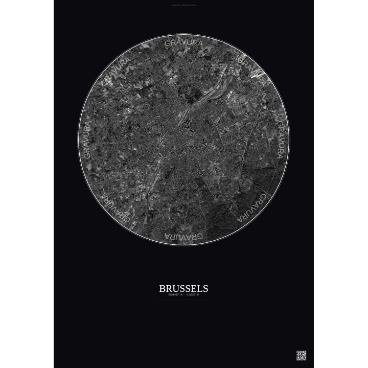 Affiche Brussels – Poster vue satellite 10km N&B | Gravura – Fon