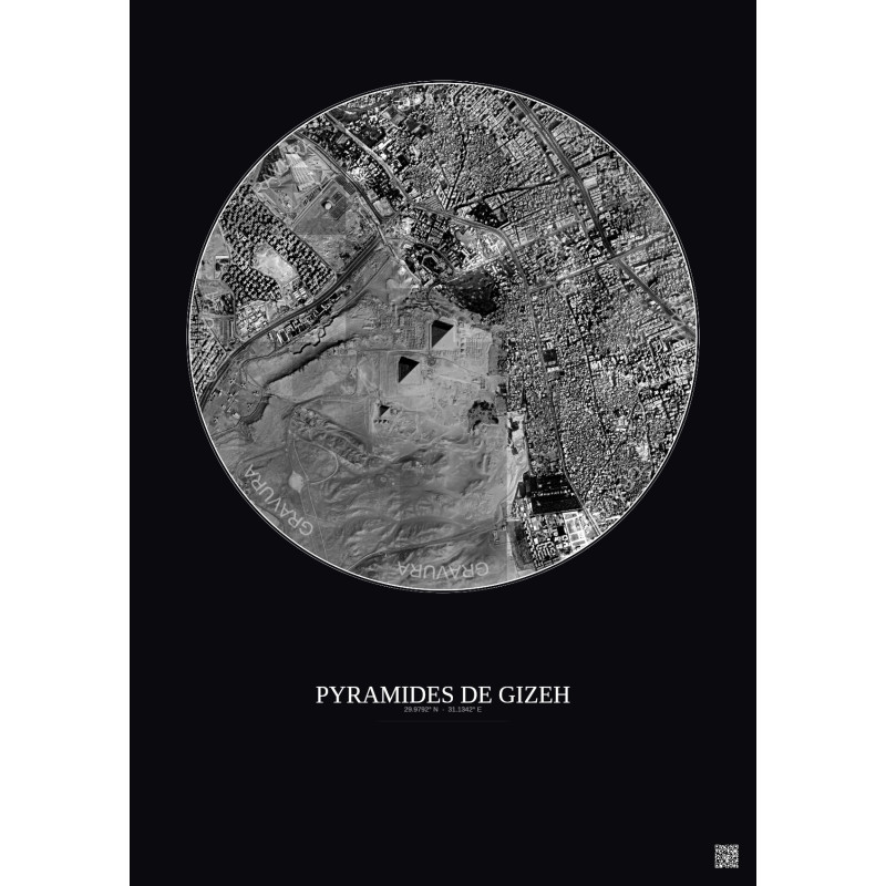 Affiche Pyramides De Gizeh – Poster vue satellite 2.5km N&B | Gravura – Fond foncé