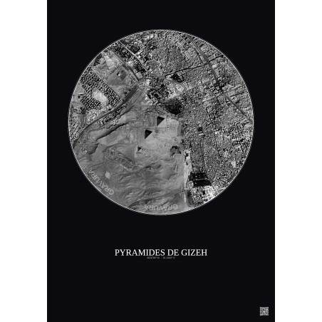 Affiche Pyramides De Gizeh – Poster vue satellite 2.5km N&B | Gravura – Fond foncé