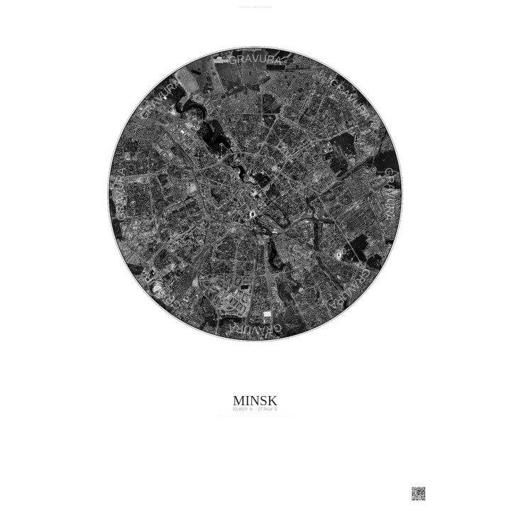 Affiche Minsk – Poster vue satellite 6km N&B | Gravura – Fond cl