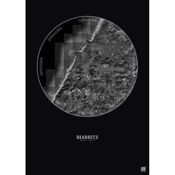 Affiche Biarritz – Poster vue satellite 5km N&B | Gravura – Fond foncé