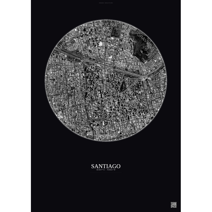 Affiche Santiago – Poster vue satellite 2.5km N&B | Gravura – Fo