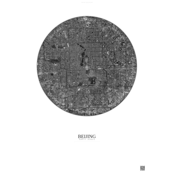 Affiche Beijing – Poster vue satellite 10km N&B | Gravura – Fond