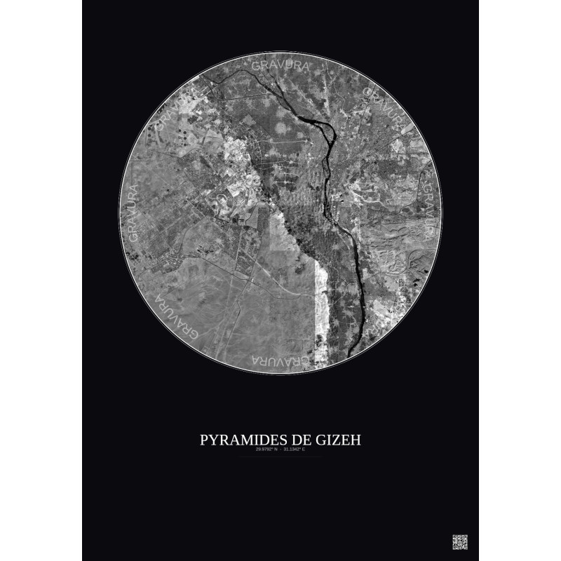 Affiche Pyramides De Gizeh – Poster vue satellite 30km N&B | Gravura – Fond foncé