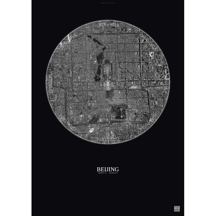 Affiche Beijing – Poster vue satellite 6km N&B | Gravura – Fond 