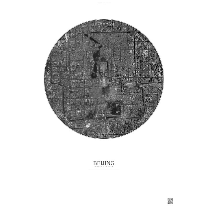 Affiche Beijing – Poster vue satellite 6km N&B | Gravura – Fond 