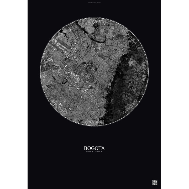 Affiche Bogota – Poster vue satellite 10km N&B | Gravura – Fond 