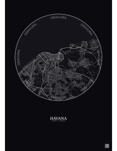 Affiche Havana – Poster carte de ville 10km | Gravura – Fond foncé