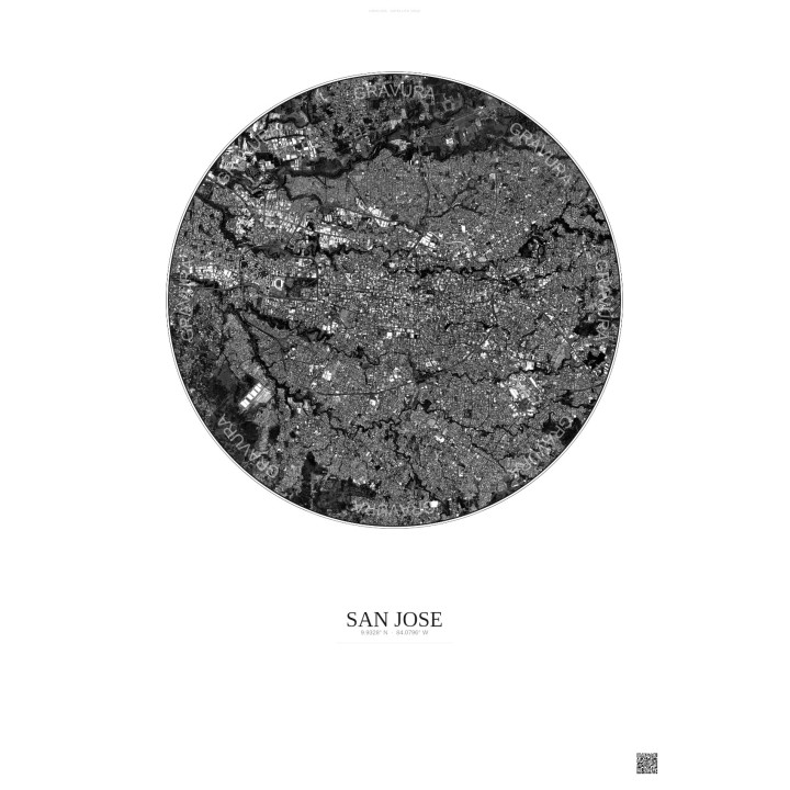Affiche San Jose – Poster vue satellite 6km N&B | Gravura – Fond