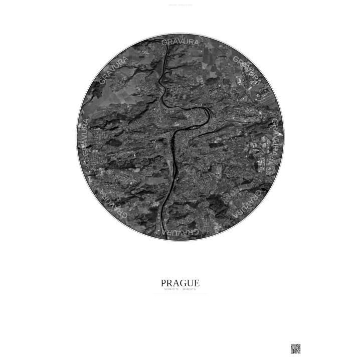 Affiche Prague – Poster vue satellite 10km N&B | Gravura – Fond 