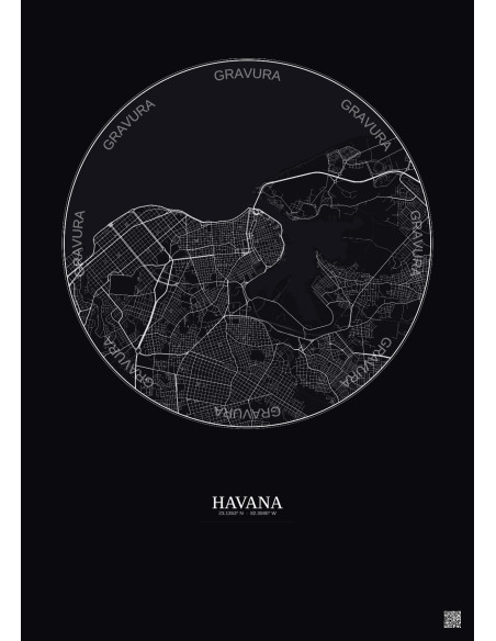 Affiche Havana – Poster carte de ville 6km | Gravura – Fond foncé