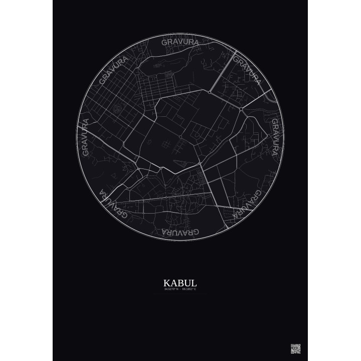 Affiche Kabul – Poster carte de ville 2.5km | Gravura – Fond foncé