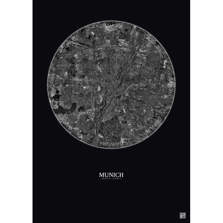 Affiche Munich – Poster vue satellite 10km N&B | Gravura – Fond 