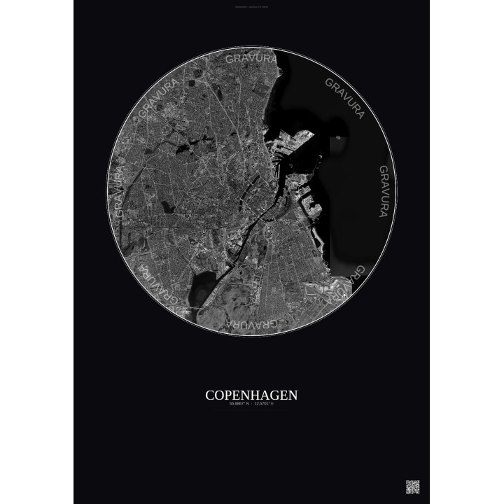 Affiche Copenhagen – Poster vue satellite 10km N&B | Gravura – F