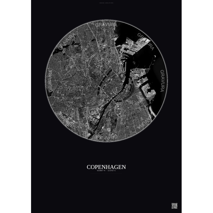 Affiche Copenhagen – Poster vue satellite 6km N&B | Gravura – Fo