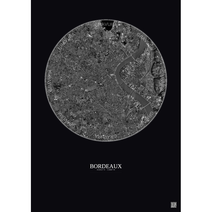 Affiche Bordeaux – Poster vue satellite 5km N&B | Gravura – Fond foncé