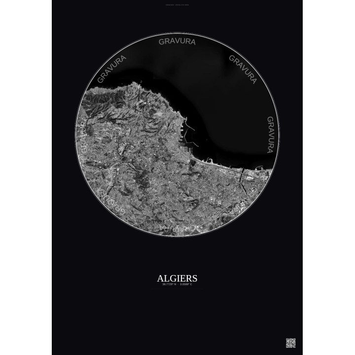 Affiche Algiers – Poster vue satellite 10km N&B | Gravura – Fond
