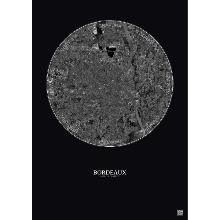 Affiche Bordeaux – Poster vue satellite 10km N&B | Gravura – Fond foncé