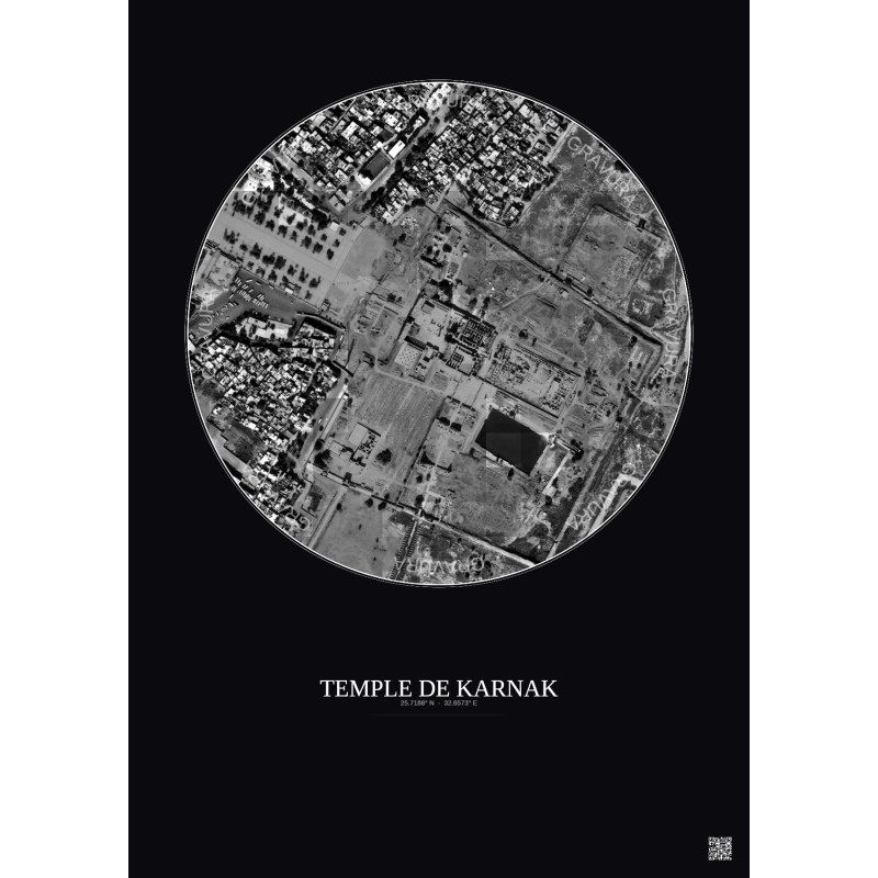 Affiche Temple De Karnak – Poster vue satellite 0.5km N&B | Gravura – Fond foncé