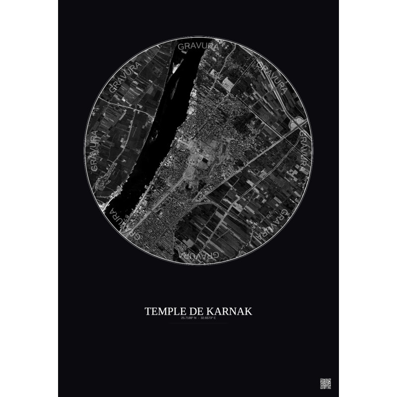 Affiche Temple De Karnak – Poster vue satellite 2.5km N&B | Gravura – Fond foncé