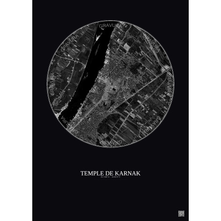 Affiche Temple De Karnak – Poster vue satellite 2.5km N&B | Gravura – Fond foncé