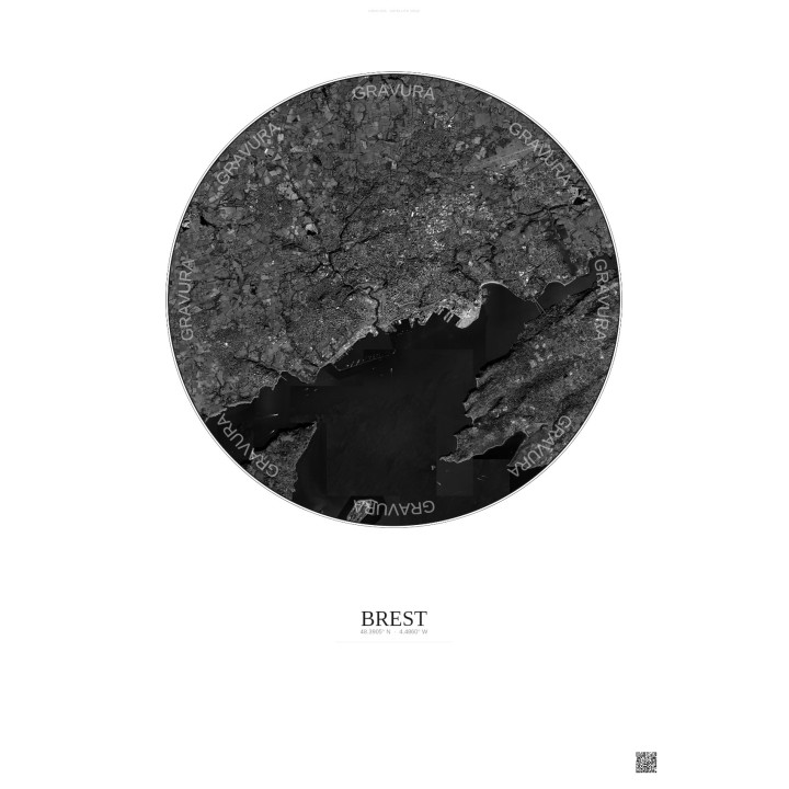Affiche Brest – Poster vue satellite 10km N&B | Gravura – Fond clair