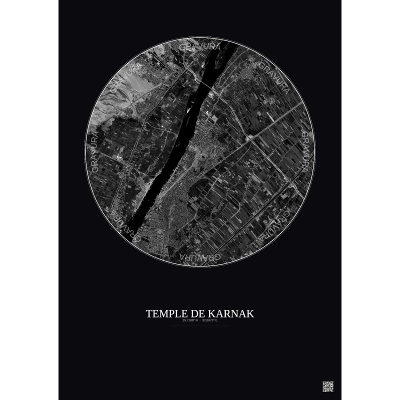 Affiche Temple De Karnak – Poster vue satellite 5km N&B | Gravura – Fond foncé