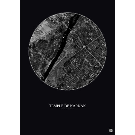 Affiche Temple De Karnak – Poster vue satellite 5km N&B | Gravura – Fond foncé