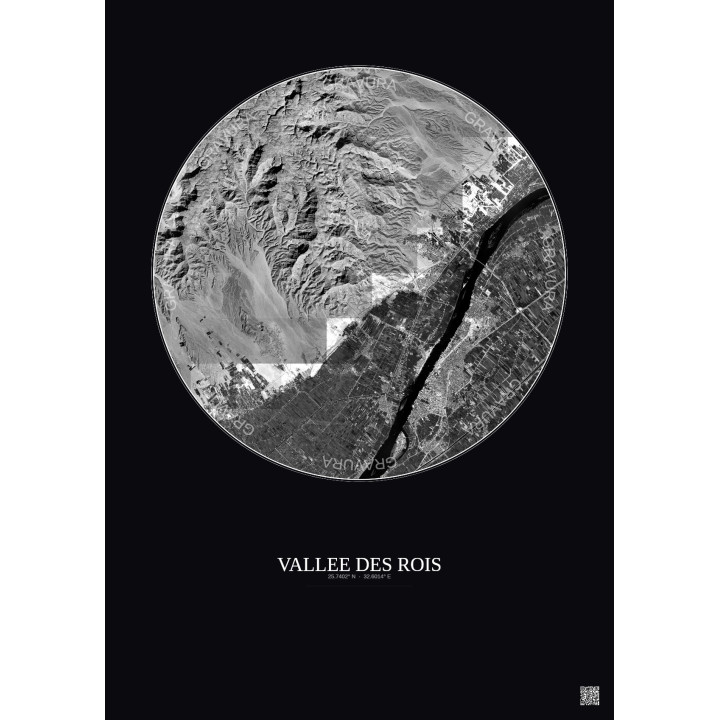 Affiche Vallee Des Rois – Poster vue satellite 10km N&B | Gravur
