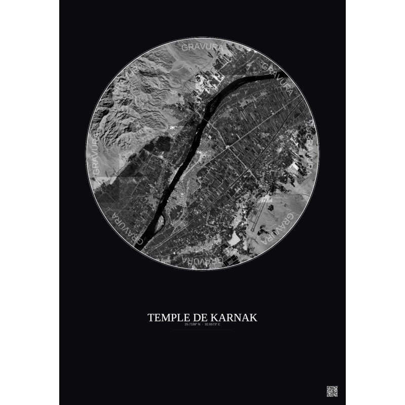 Affiche Temple De Karnak – Poster vue satellite 10km N&B | Gravura – Fond foncé