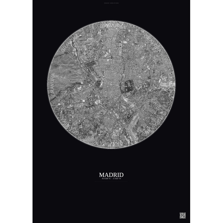 Affiche Madrid – Poster vue satellite 6km N&B | Gravura – Fond f