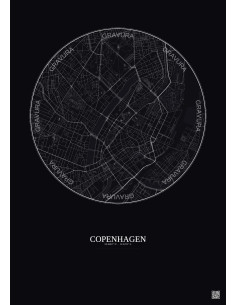 Affiche Copenhagen – Poster carte de ville 2.5km | Gravura – Fond foncé