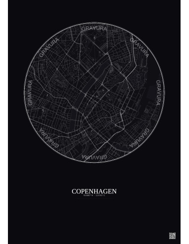 Affiche Copenhagen – Poster carte de ville 2.5km | Gravura – Fond foncé