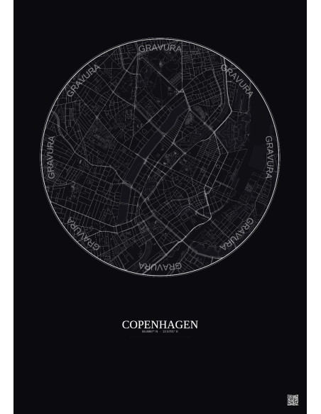 Affiche Copenhagen – Poster carte de ville 2.5km | Gravura – Fond foncé